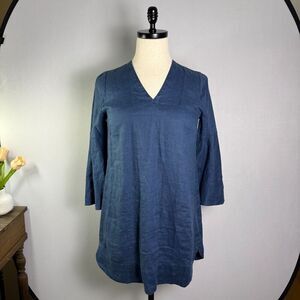 Soft Surroundings Women's Blue V-Neck Bell Sleeve Linen Dress Sz Pet Med